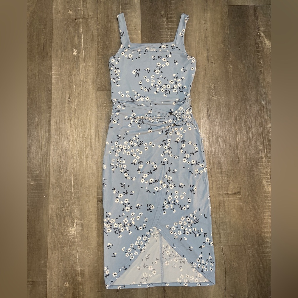 No Boundaries Light Blue Floral Wrap-Style Midi Dress